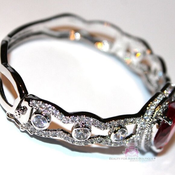 Ruby Red Prophets Heart Valentines Day Love Cuff Cubic Zirconia CZ Bracelet 7.5" - Picture 5 of 7